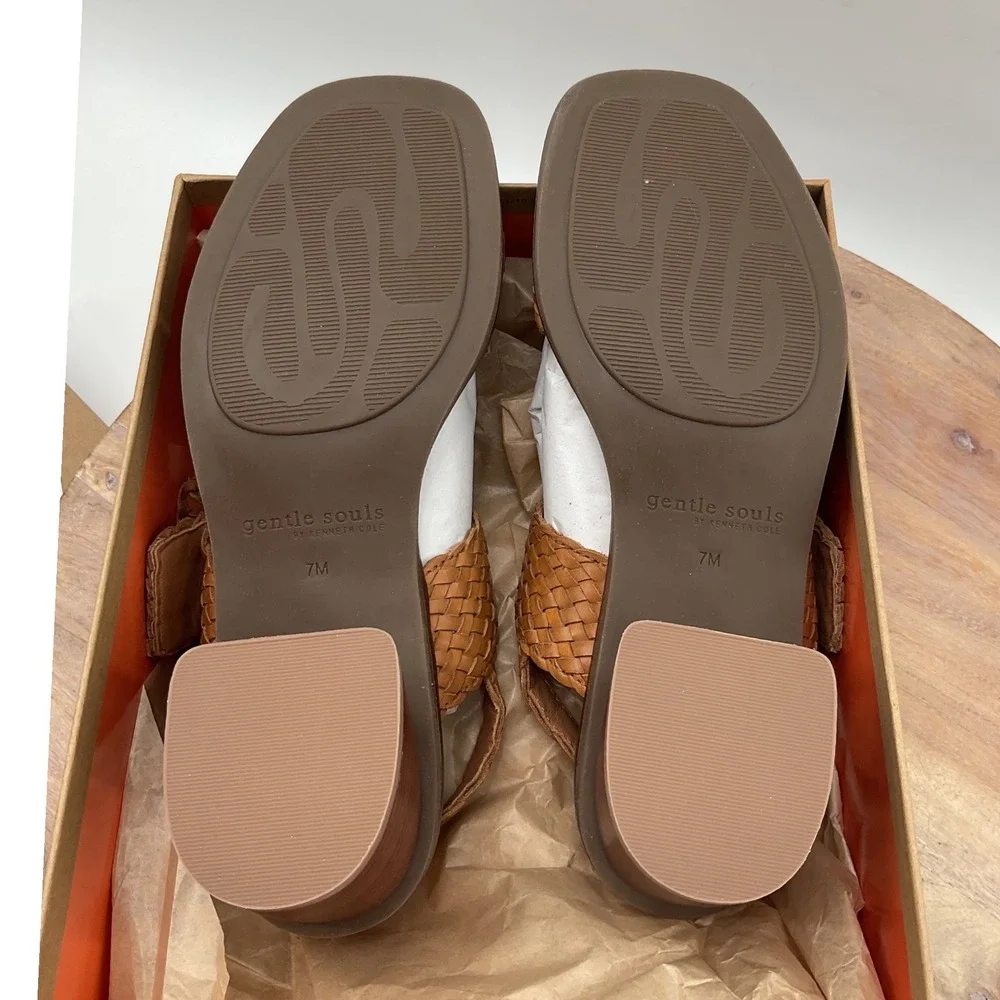 Gentle Souls Madylyn woven Leather Block Heel Sandals Cognac Brown Size 9
